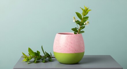 Delicate green sprigs in a speckled pink and green vase