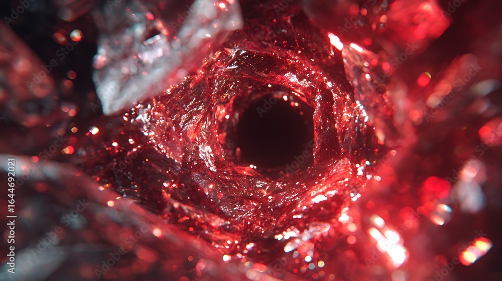 Poster abstract tunnel with red crystals creating a vortex, a journey through a digital dimension with a mo
