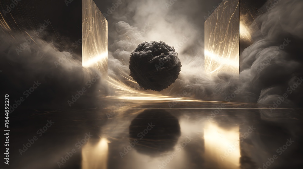 Poster a captivating 3d render featuring a mysterious sphere suspended above a reflective surface, envelope
