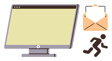 Desktop monitor alongside an open envelope and running figure, symbolizing communication, urgency, and technology. Ideal for email marketing, digital messaging, teamwork, deadlines, remote work