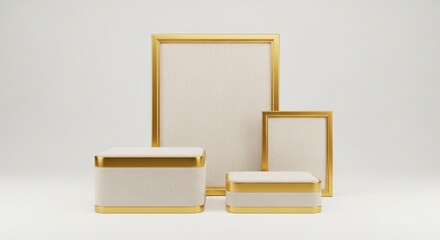 Elegant gold frames and pedestals showcase product presentation