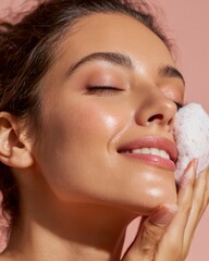 Closeup of a young woman using facial cleanser smooth radiant skin natural beauty look soft lighting isolated on a pastel background premium cosmetic photography