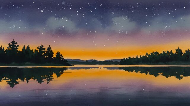 Serene Night Sky Reflection Over Tranquil Lake with Starry Background for Nature Blogs, Art Websites, Meditation Content, Travel Guides, and Relaxation Resources  