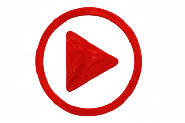 Red play button featuring hand-drawn texture, positioned on transparent background, highlighting multimedia content and digital video streaming interfaces