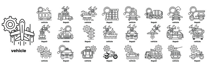 A collection of black and white icons of various vehicles and machines