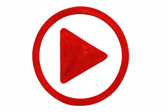 Red play button featuring hand-drawn texture, positioned on transparent background, highlighting multimedia content and digital video streaming interfaces