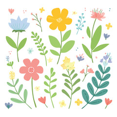 Collection of colorful hand-drawn flowers and leaves on white background floral nature