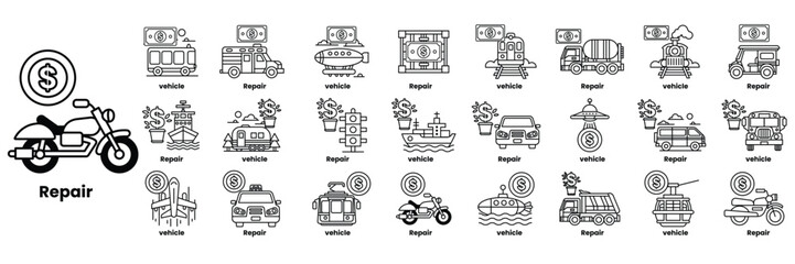 collection of black and white icons of vehicles and money