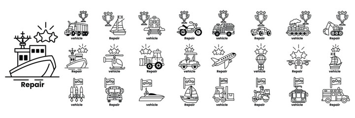 A series of black and white icons of various vehicles and machines