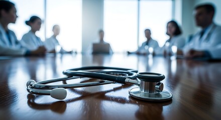 Doctors meeting stethoscope on table medical conference
