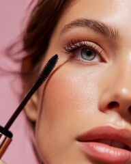 Closeup of a young woman using mascara smooth radiant skin natural beauty look soft lighting isolated on a pastel background premium cosmetic photography
