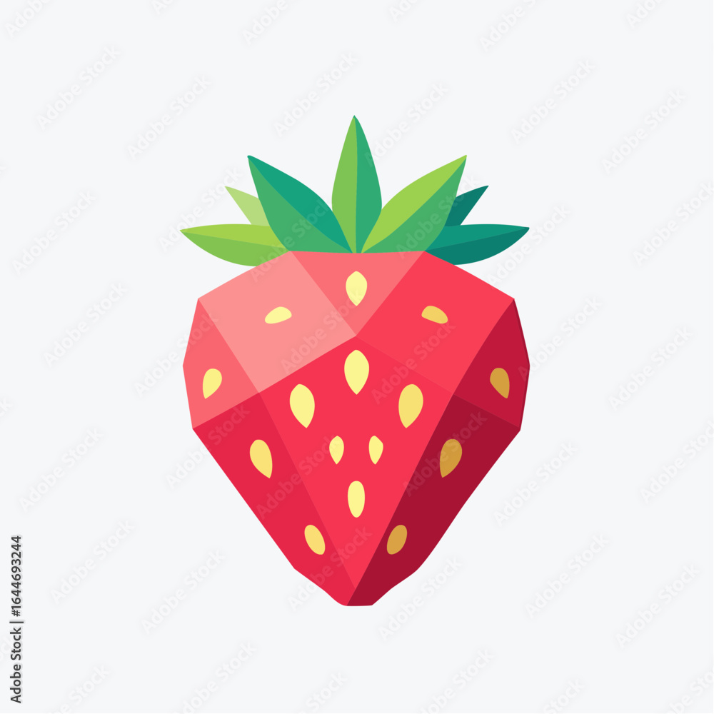 Poster an angular take on a strawberry, crafted with crisp geometric design in vibrant colors.