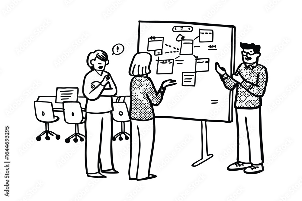 Aufkleber team collaborating on a project using a whiteboard with a support concept