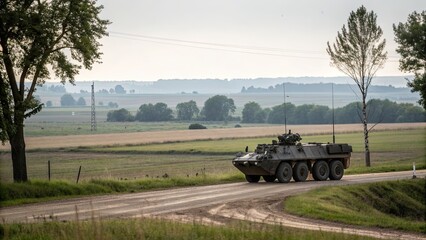 Military vehicle navigating rural landscape