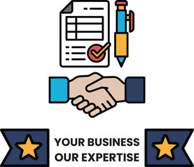 A business card with a handshake symbol
