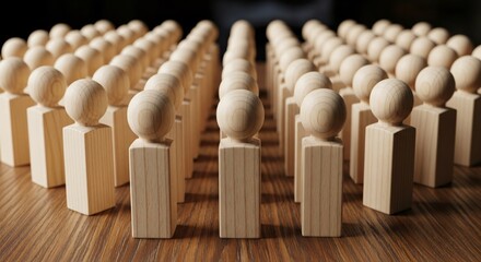 Many wooden peg people stand in rows on a wooden surface