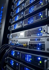 Rows of illuminated server racks with blue lights and cables in a modern data center