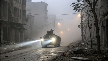 Armored vehicle navigating a foggy urban landscape