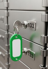 Close up of a bank safe deposit box with a key inserted and a green fob attached