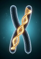 Abstract representation of an x chromosome intertwined with a glowing dna double helix strand