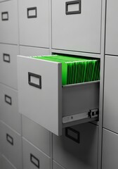 Brightly lit green files in an open filing cabinet drawer symbolizing innovation and unique ideas