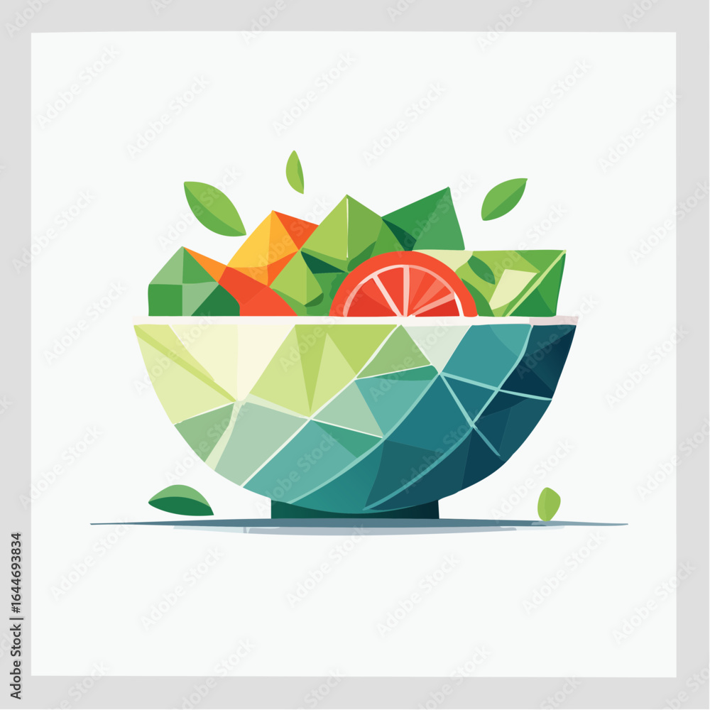 Poster a fresh salad bowl broken into angular pieces in a clean modern polygonal vector look.