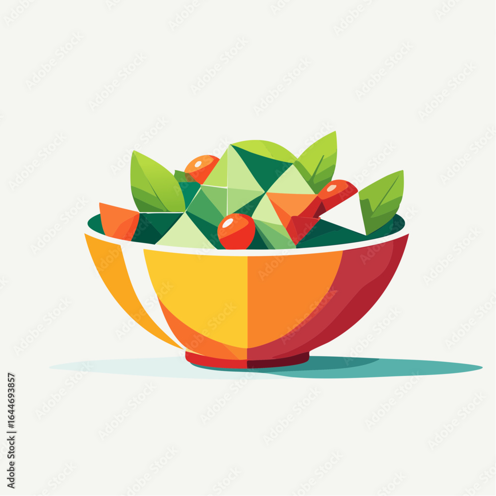 Poster a fresh salad bowl broken into angular pieces in a clean modern polygonal vector look.