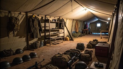 Inside a military tent with equipment and gear