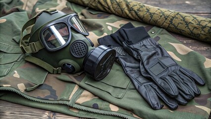 Military gear including gas mask and gloves on camouflage fabric