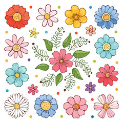 Obraz premium Colorful hand drawn flowers and leaves scattered on white background floral nature