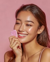 Closeup of a young woman using gua sha smooth radiant skin natural beauty look soft lighting isolated on a pastel background premium cosmetic photography