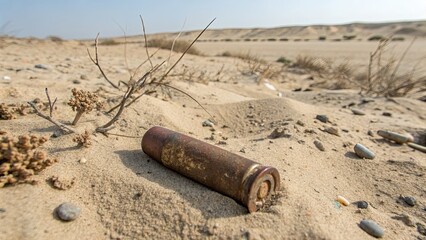 Abandoned shotgun shell resting on desert sand
