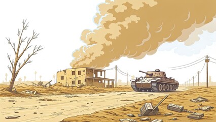 Armored tank navigating a war-torn landscape