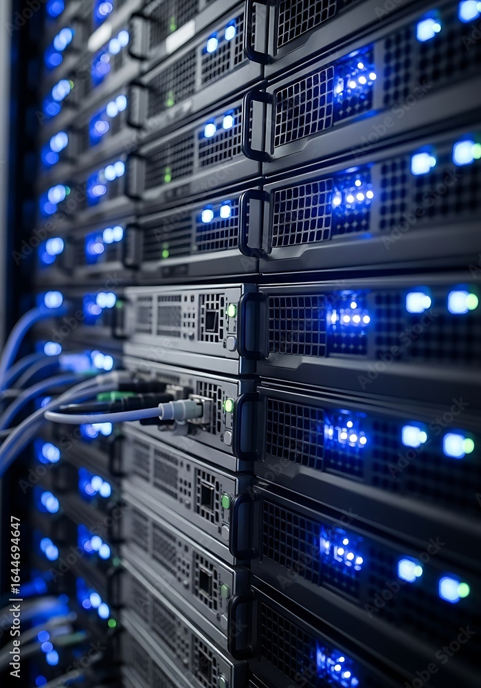 Poster rows of illuminated server racks with blinking blue lights and connected cables in a data center