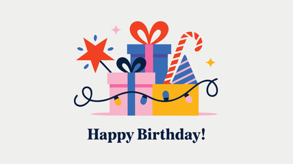 Fototapeta premium Happy Birthday Colorful Illustration with Presents, Candy Cane, Party Hat, and Festive Decorations on White