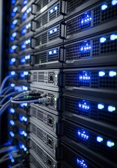 Rows of illuminated server racks with blinking blue lights and connected cables in a data center