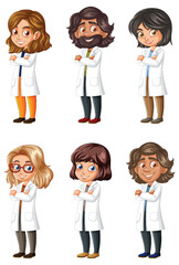 Diverse Cartoon Scientists in White Lab Coats Standing