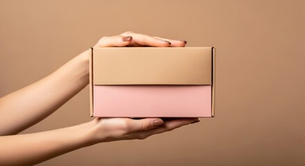Hands holding two stacked gift boxes, one tan, one pink
