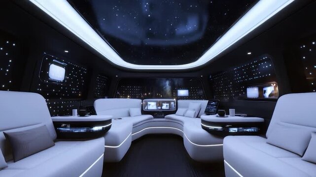 Luxurious, futuristic vehicle interior with a starlit ceiling.  White, curved seating areas are nestled amongst dark, sleek panels.  Integrated technology and tables are apparent