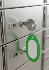 Close up of a silver safe deposit box with a key inserted and a green tag attached