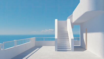 A minimalist white rooftop terrace overlooks a calm ocean under a bright blue sky; white stairs lead to an upper level with a door, casting shadows on the sun-drenched scene