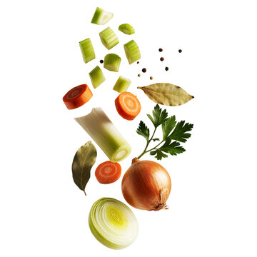 Classic mirepoix ingredients with onion, carrot, and leek isolated on transparent background