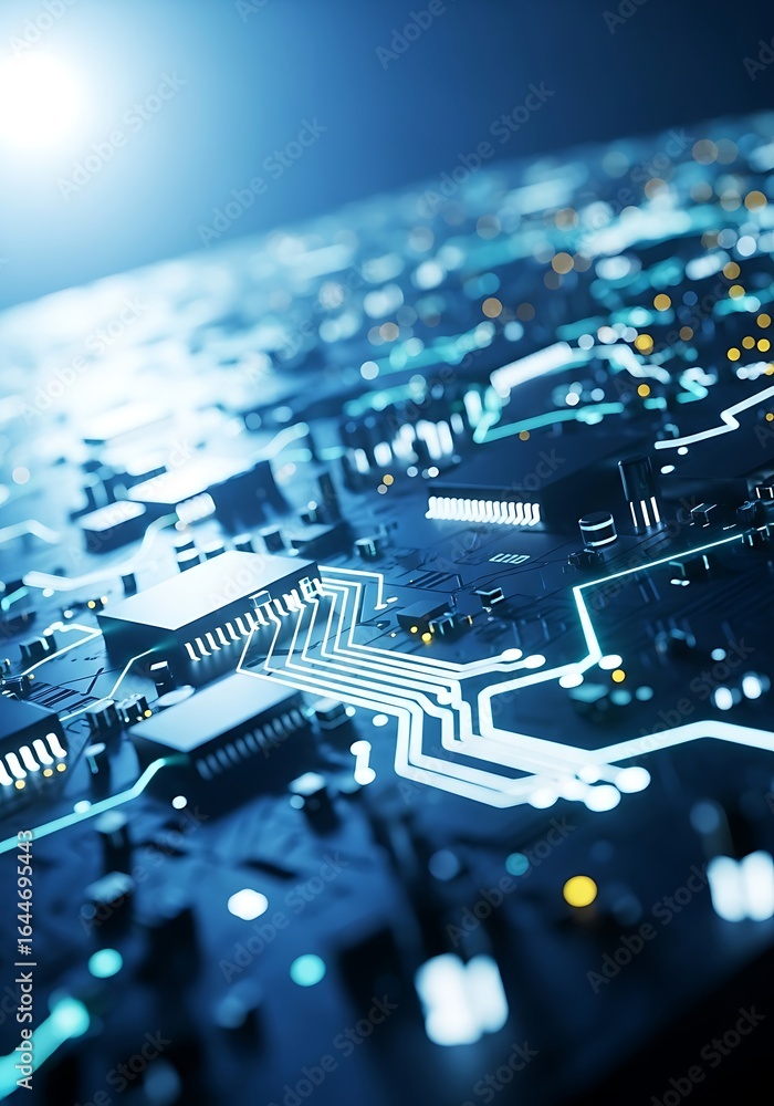 Poster close up view of a glowing blue circuit board with intricate pathways and electronic components
