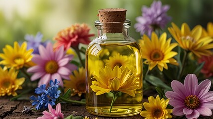 Yellow Oil Bottle with Colorful Spring Flowers, Realistic Detail V1