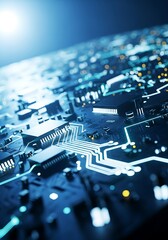 Close up view of a glowing blue circuit board with intricate pathways and electronic components