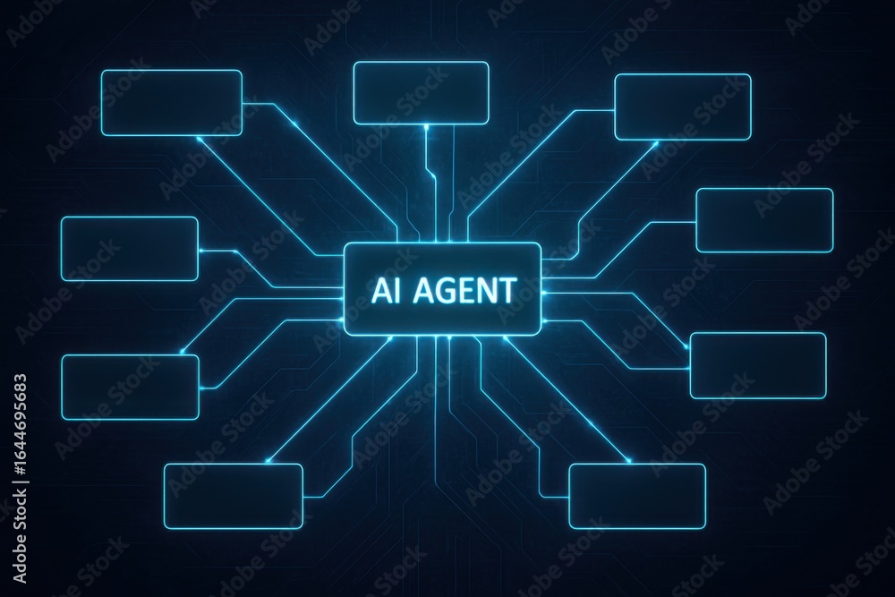 Poster futuristic ai agent hub diagram with multiple connections in neon blue interface