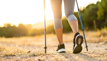 Sunset stride: Nordic walking adventure through sunlit landscapes offering mindful movement