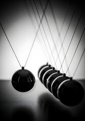 Newton s cradle demonstrates momentum transfer and cause and effect in a black and white studio setting