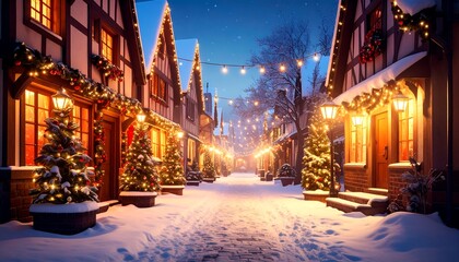 Fototapeta premium Christmas snow covered village street