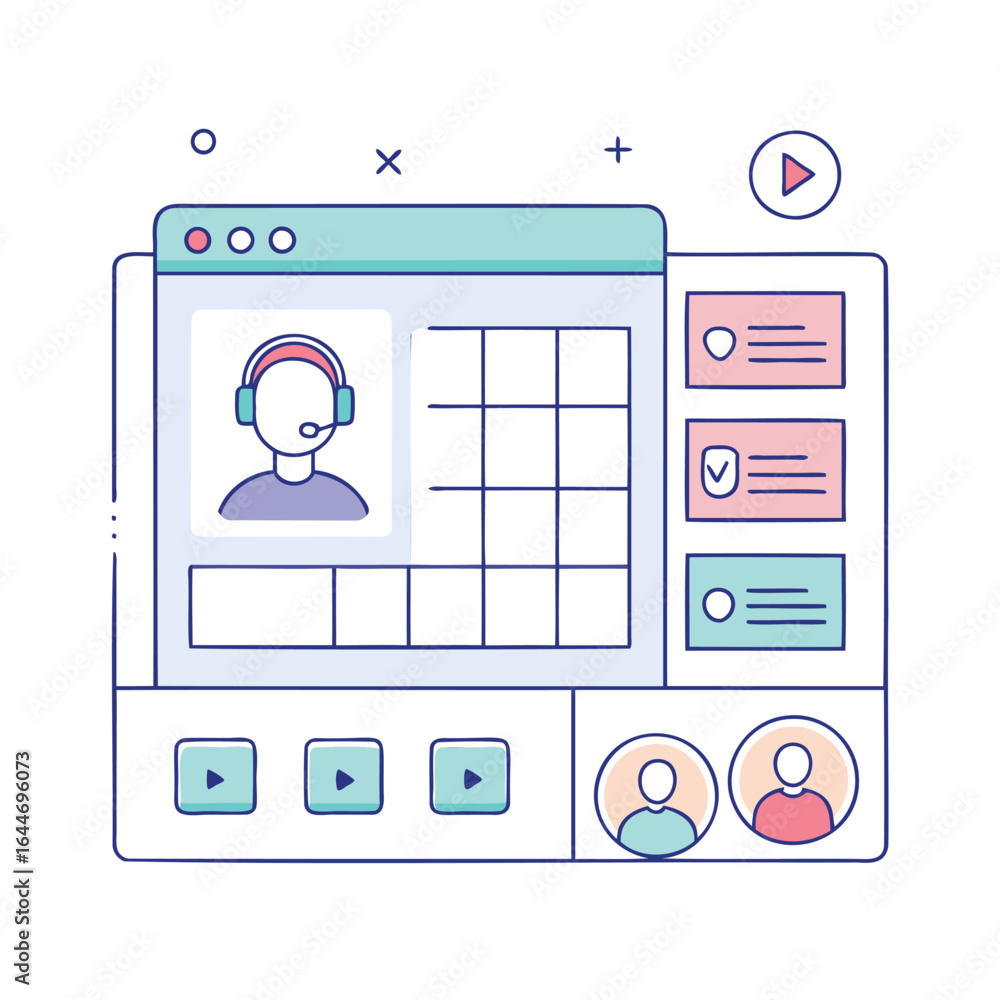 Poster creative illustration of a digital interface with user profiles and media controls